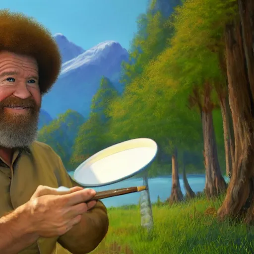 Image similar to a closeup photorealistic photograph of bob ross working on a canvas painting of fred flintstone. film still. brightly lit scene. mountains and trees. this 4 k hd image is trending on artstation, featured on behance, well - rendered, extra crisp, features intricate detail, epic composition and the style of unreal engine.