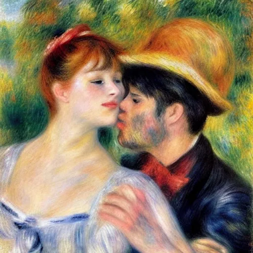 Image similar to art by renoir, real lgbt love, people wearing clothes