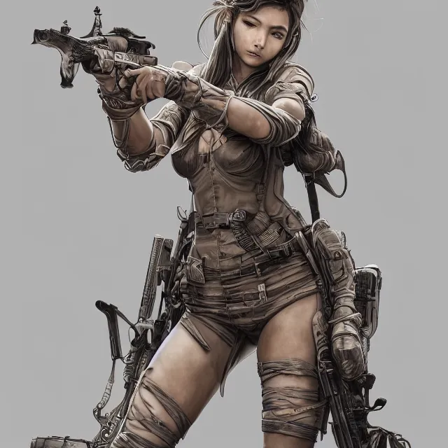 Prompt: the portrait of lawful neutral semi - colorful female infantry gunner as absurdly beautiful, gorgeous, elegant, young swimsuit model, an ultrafine hyperdetailed illustration by kim jung gi, irakli nadar, intricate linework, detailed faces, super sharp focus, octopath traveler, unreal engine 5 highly rendered, global illumination, radiant light, detailed and intricate environment