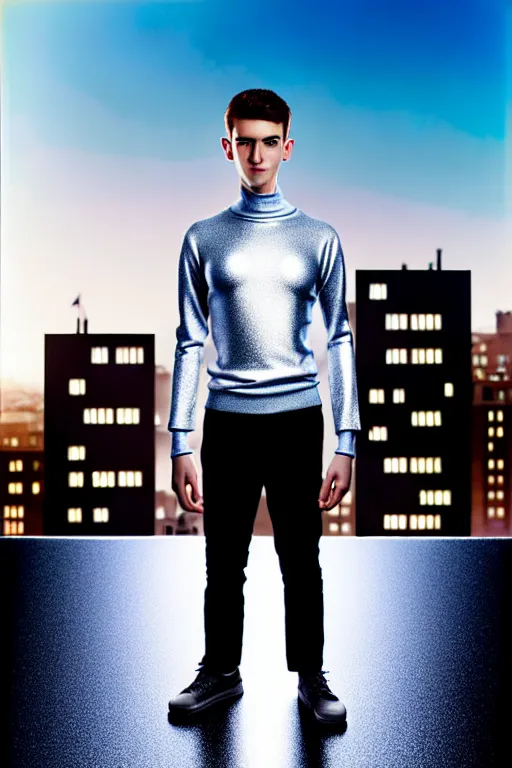 Image similar to un ultra high definition studio quality photographic art portrait of a young man standing on the rooftop of a british apartment building wearing soft padded silver pearlescent clothing. three point light. extremely detailed. golden ratio, ray tracing, volumetric light, shallow depth of field. set dressed.