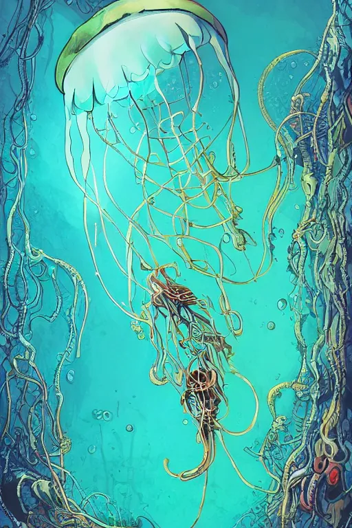 Image similar to a picture of mysterious colourful underwater jellyfish, being discovered by a man in a steampunk diving suit. water is deep aquamarine coloured. poster art by james jean, concept art, behance contest winner, very detailed, award - winning. lovecraftian, cosmic horror, bioluminescence.