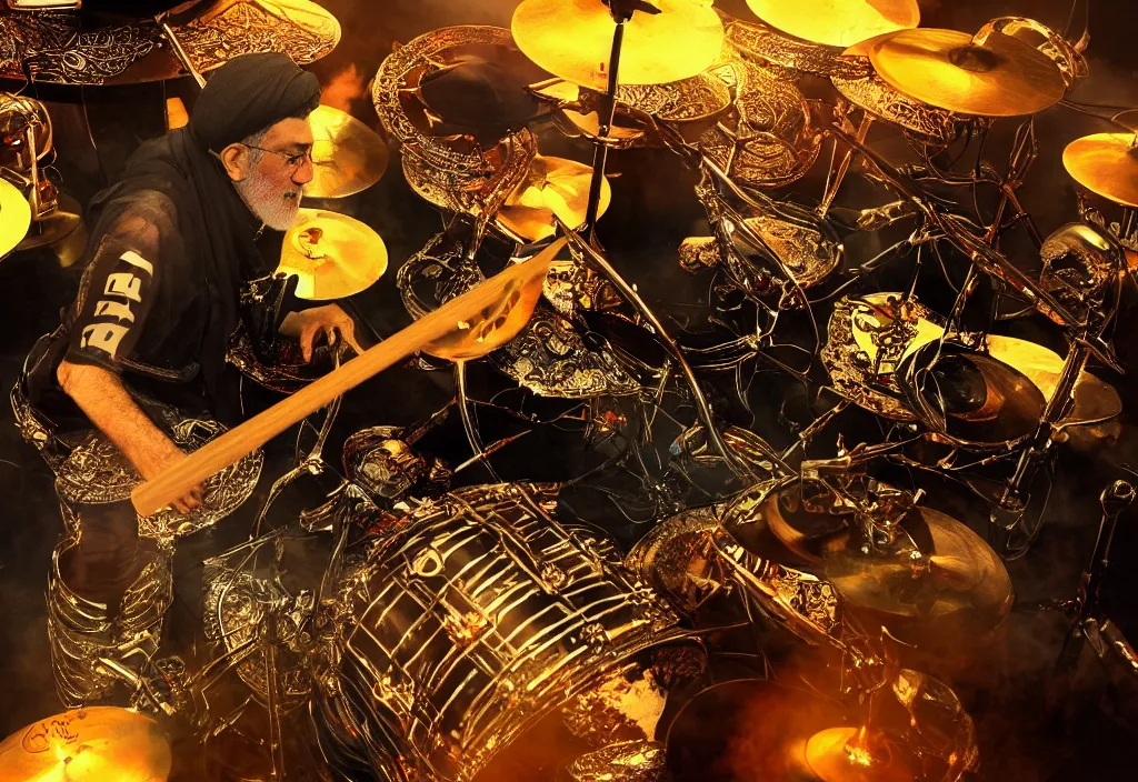 Image similar to khamenei playing drums in heavy metal band in hell, high definition, trending on artstation, unreal engine, photorealistic, high resolution,, trending on deviantart, hdr, hyper detailed, insane details, intricate, elite, ornate, elegant, luxury, dramatic lighting