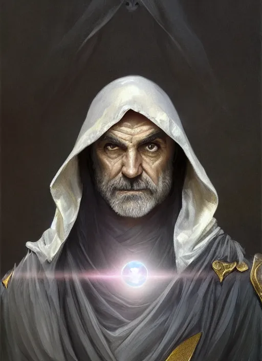 Image similar to Portrait of Sean Connery, white glowing eyes, black hair, cloak, ethereal wings, male, fantasy, extremely detailed, digital painting, artstation, concept art, smooth, sharp focus, illustration, stunning lighting, art by artgerm and greg rutkowski and alphonse mucha and simon stalenhag, realistic character concept, high fantasy, light atmosphere, golden ratio, cinematic lighting, hyperdetailed, high resolution, insanely detailed and intricate, artstation, Marc Simonetti, Greg Rutkowski, 8k