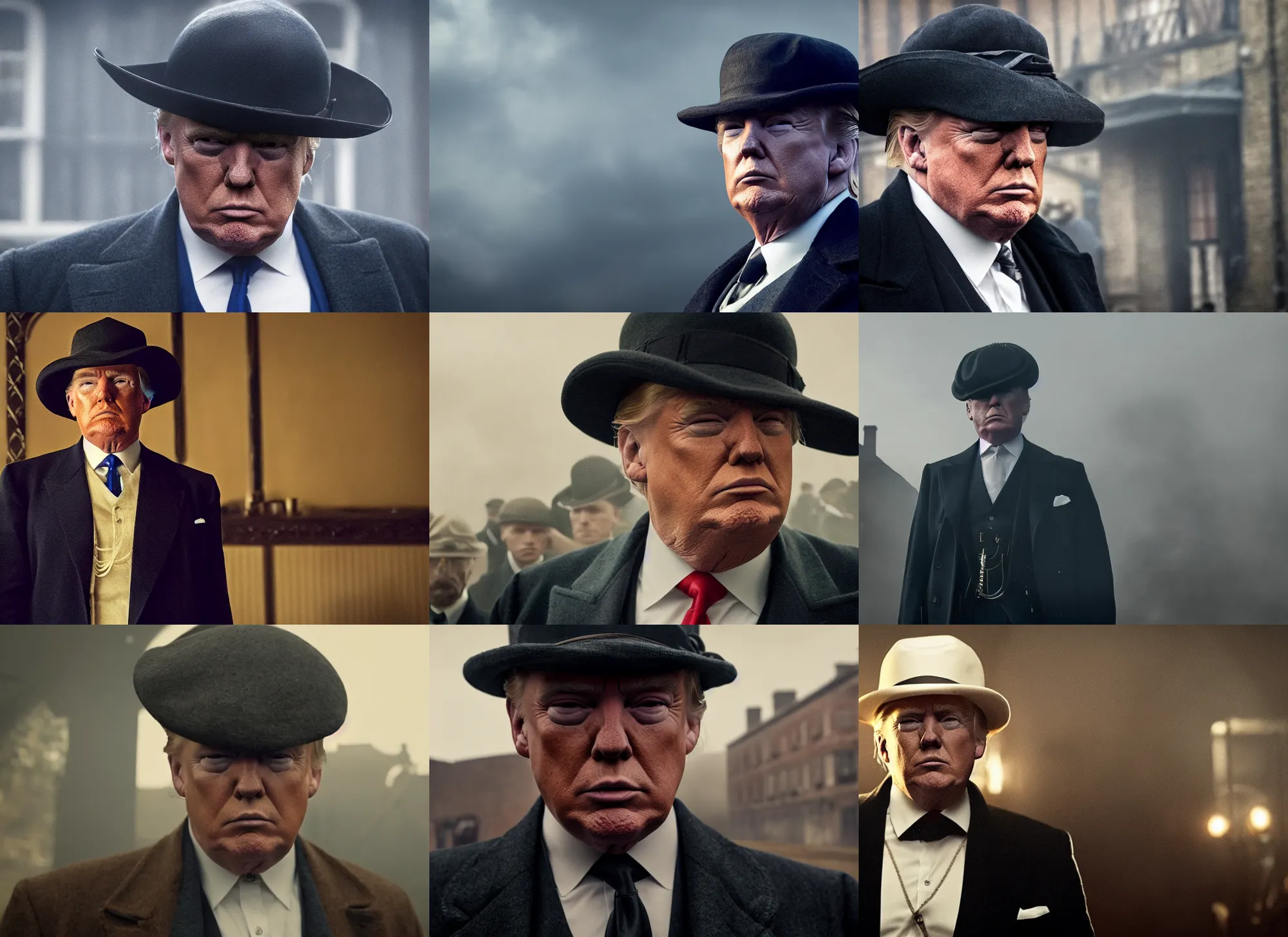 Prompt: donald trump as a crime boss in peaky blinders, wide - brimmed hat, 4 k, cinematic lighting, hdr, volumetric lighting