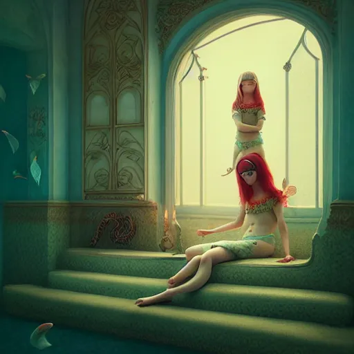 Image similar to lullaby of hope happiness of beautiful young woman, moody : : wes anderson, roger dean, sophie anderson, esao andrews : : ornate, dynamic, particulate, intricate, elegant, highly detailed, centered, artstation, smooth, sharp focus, octane render, 3 d