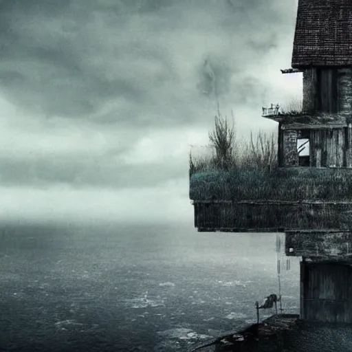 Image similar to house at the edge of the world, hyperdetailed, photorealistic, moody, surreal, creepy, atmospheric, old, run down