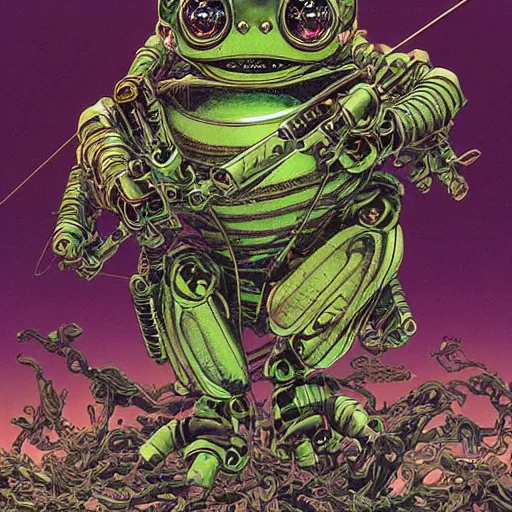 Prompt: dark robotic frog, by yoichi hatakenaka, masamune shirow, josan gonzales and dan mumford, ayami kojima, takato yamamoto, barclay shaw, karol bak