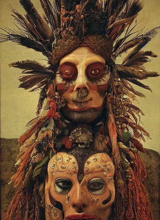 Prompt: a (((((((surreal))))))) painting of a shaman's face, by Giuseppe Arcimboldo, symbolist, soft colors, dramatic lighting, smooth, sharp focus, extremely detailed, aesthetically pleasing composition