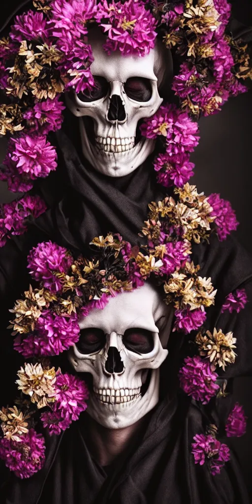 Prompt: cinematic shot epic portrait skeleton wearing a dark robe covered in flowers, hyper realistic, mood lighting, fantasy, detailed face, highly detailed, super realistic, perfect lighting