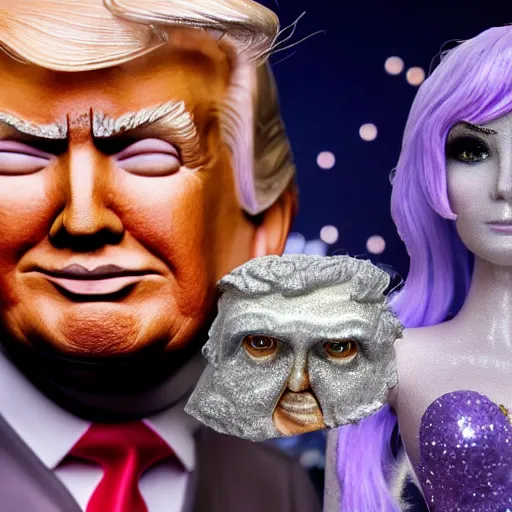 Image similar to Donald Trump with silver-violet hair, white eyes and golden glittery dress, wide lens, diorama, 4k,