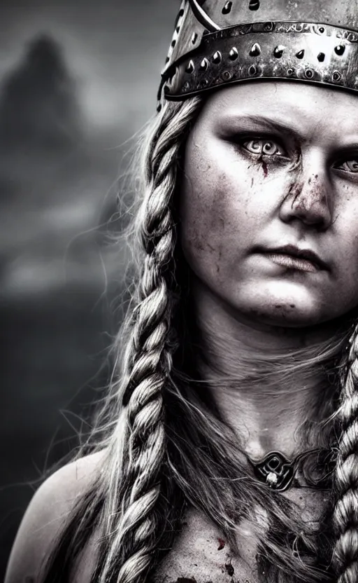 Prompt: photorealistic photograph of beautiful female viking warrior with large sad gray eyes, bloody, cinematic, 28mm