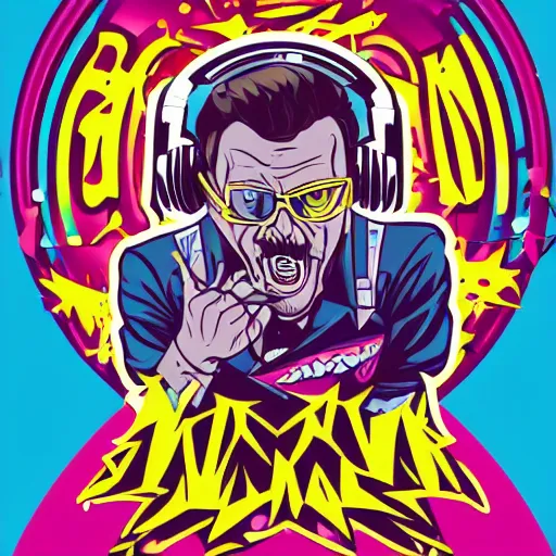 Image similar to svg vector sticker of absolutely insane-mad-scientist-villain, rocking out, wearing headphones, huge speakers, dancing, rave, DJ, spinning records, digital art, amazing composition, rule-of-thirds, award-winning, trending on artstation, featured on deviantart