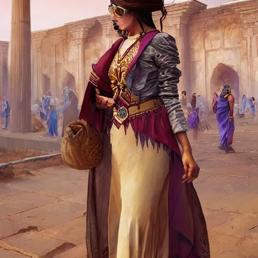 Image similar to A well dressed sumerian woman in a major Mesopotamian city, highly detailed, digital painting, artstation, concept art, sharp focus, illustration, cinematic lighting, art by artgerm and greg rutkowski and alphonse mucha