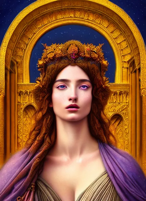 Prompt: portrait of a beautiful young goddess' face merging with a cathedral building, unusual beauty, etheric, outworldly colours, emotionally evoking symbolic metaphors, head in focus, fantasy, ornamental, intricate, elegant, highly detailed digital painting, artstation, concept art, painterly, golden ratio, sharp focus, illustration, art by John William Godward and Raphael and Alphonse Mucha and Zdzisław Beksiński,