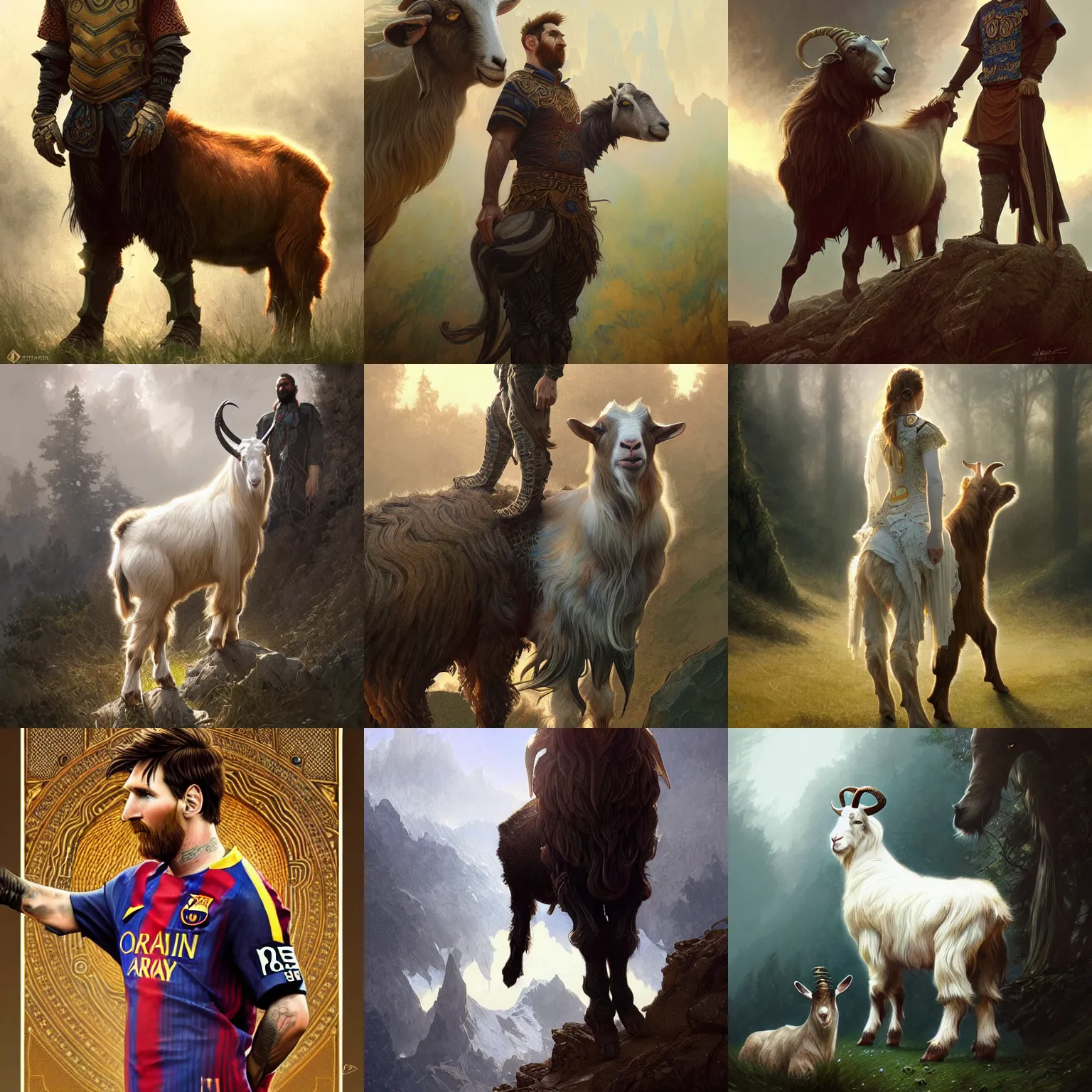 Prompt: lionel messi standing beside a majestic goat, d & d, fantasy, intricate, elegant, highly detailed, digital painting, artstation, concept art, matte, sharp focus, illustration, art by artgerm and greg rutkowski and alphonse mucha