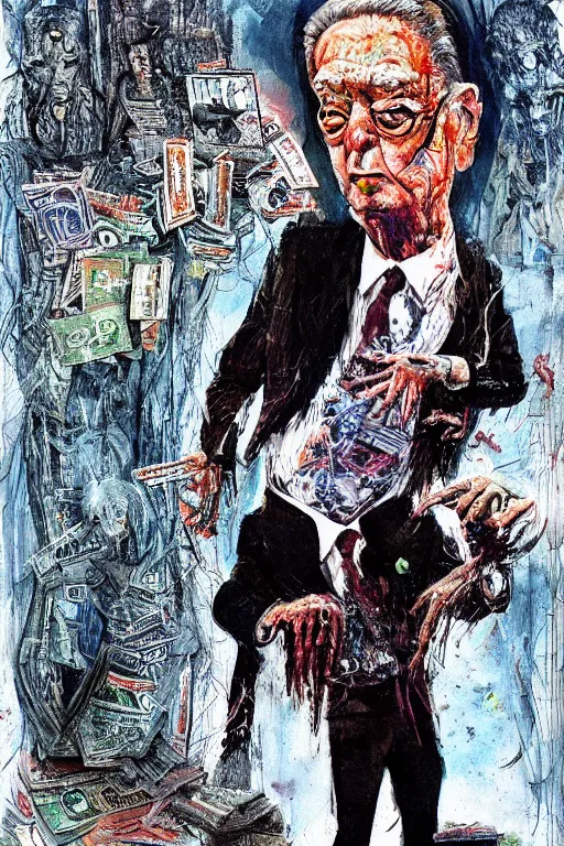 Image similar to George Soros full body shot, dollar bills Body horror, biopunk, by Ralph Steadman, Francis Bacon, Hunter S Thompson