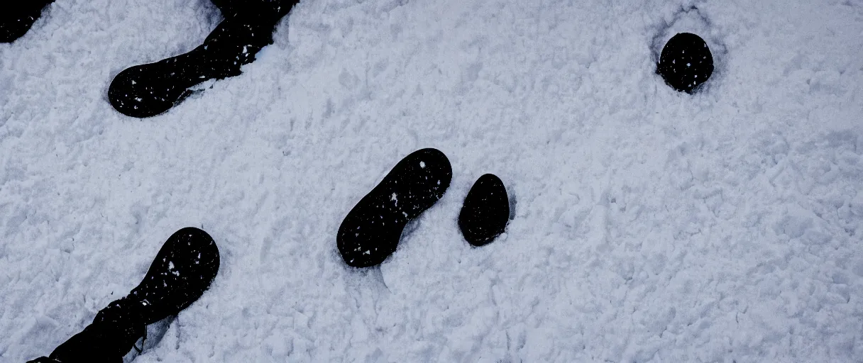 Image similar to top view extreme closeup movie like 3 5 mm film photograph of the silhouette of a man from the knees down wearing heavy boots walking through the antarctic snow during a heavy blizzard