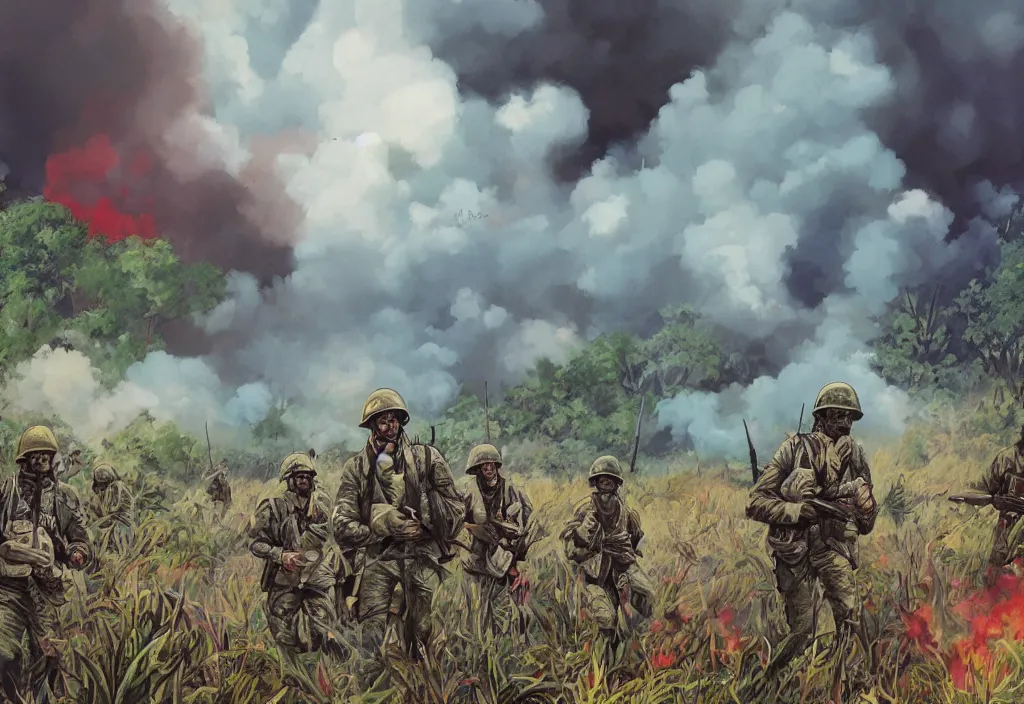 Image similar to handmade colorful illustration of an epic Vietnam War scene with a very few american soldiers walking, one american soldier at the forefront staring at the jungle, blue sky with beautiful clouds, some fire with columns of grey smoke, line art, heavy brushstrokes, oil on canvas by Kilian Eng and by Jake Parker, winning-award masterpiece, fantastic, octane render, 8K HD Resolution, High quality image