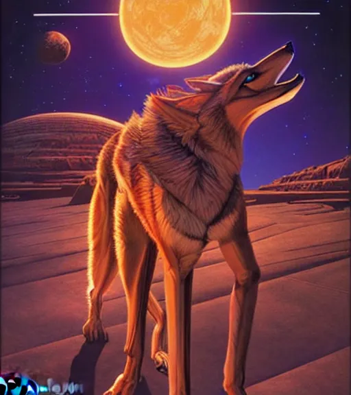 Image similar to humanoid coyote, 1 9 7 9 omni magazine cover, style by vincent di fate, artgerm, very coherent, detailed, 4 k resolution, dark, unreal engine, daz