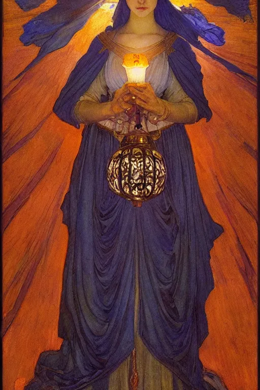 Image similar to queen of the twilight with her lantern and regalia, by Annie Swynnerton and Nicholas Roerich and jean delville, dramatic cinematic lighting , ornate headdress , flowing robes, lost civilizations, extremely detailed