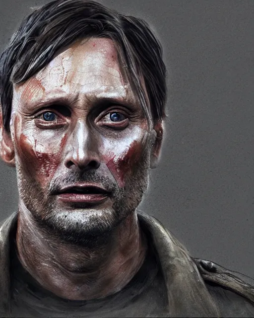Image similar to mads mikkelson as clifford unger from death stranding wearing military fatigues, weeping tears of tar, mysterious portrait, cinematic lighting, black background, digital painting photoshop, ultra detailed hdr 8 k