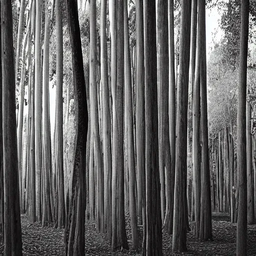 Image similar to long exposure photograph of eucalyptus trees, strong wind, back light, dslr, photographed by uta barth