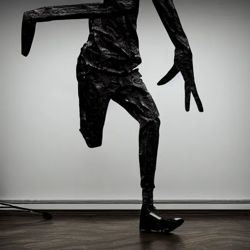 Image similar to a contemporary art sculpture of a tall man running with long arm and a big head, metal, thick paint, intricate, dirty, leds, indoor, studio lighting, hyper realistic, detailed, 8 k