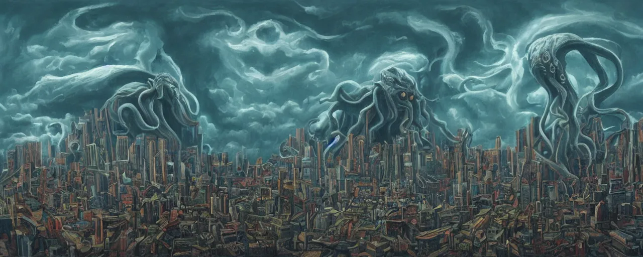 Prompt: Cthulhu rising in the sky above city, Christensen James C