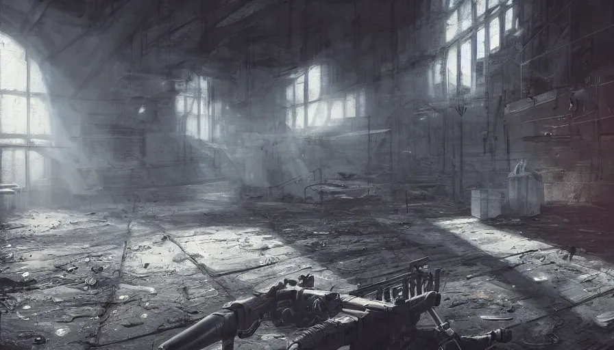Image similar to fps view with rifle of an abandoned warehouse with cobwebs, light through broken windows, hyperdetailed, artstation, cgsociety, 8 k