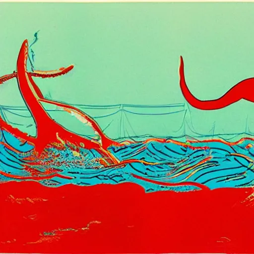 Image similar to A giant squid destroying a cruise ship in the middle of the ocean, by Andy Warhol