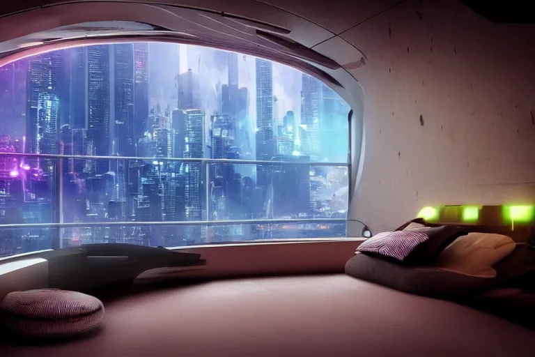 Image similar to a futuristic bedroom with large curved ceiling high windows looking out to a far future cyberpunk cityscape, cyberpunk neon lights, raining, scifi