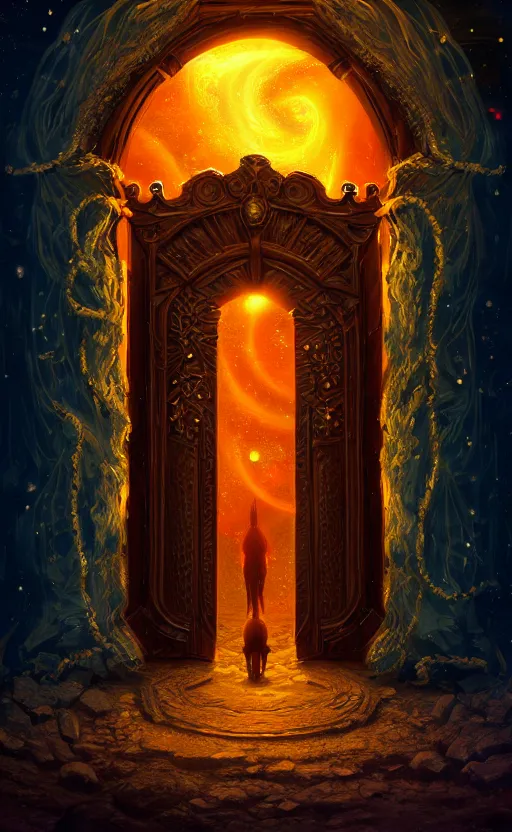 Image similar to a ornamental gate into stars a demon emerges from it, ornament, intarsia, portal, doorway, no background, dynamic lighting, ambient lighting, atmospherical, photorealistic fantasy concept art, trending on art station, stunning visuals, creative, cinematic, ultra detailed