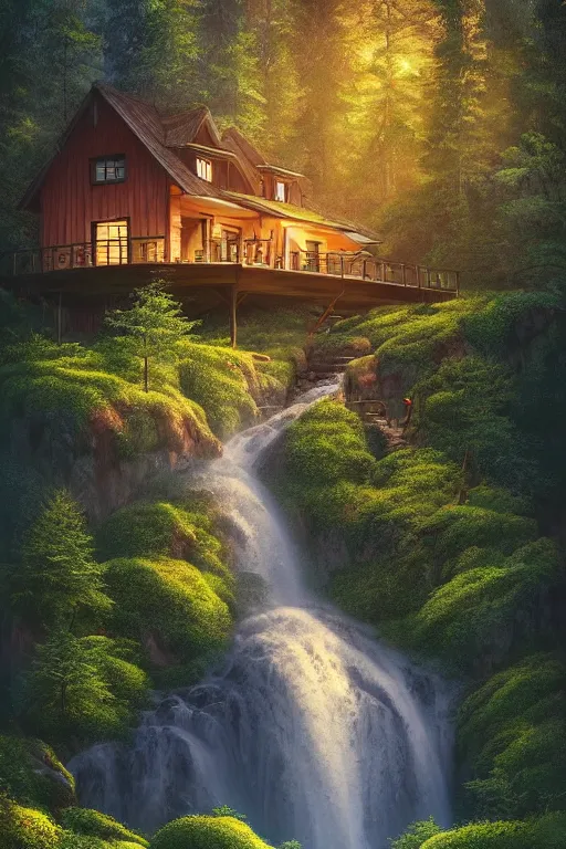 Prompt: scandinavian house in the forest on a hill, pixar, vector style, waterfall flows down from the mountain, vector art, fabulous, global illumination, warm lighting, by jordan grimmer