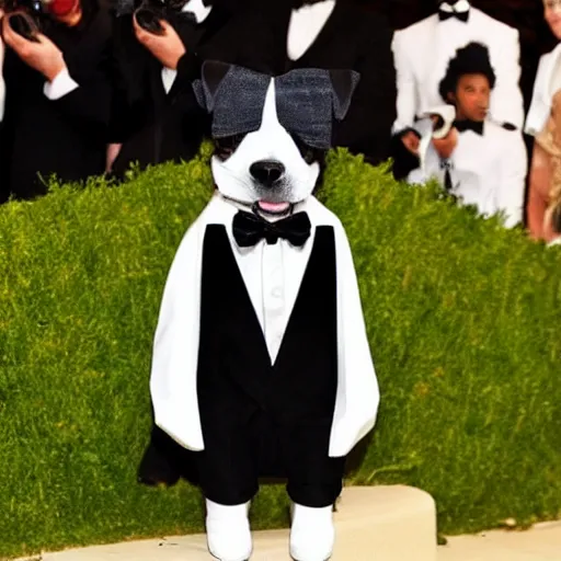 Prompt: a dog in a tuxedo at the met gala