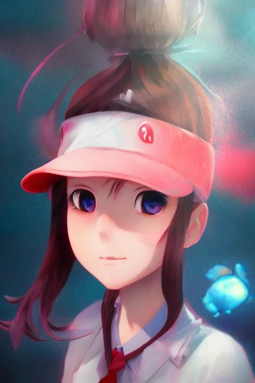 Prompt: 3d infrared render portrait of beauty 3d anime lofi schoolgirl with cap underwater subway twilight. dramatic light, trending on artstation, art by hiro kiyohara and hayao miyazaki oil painting