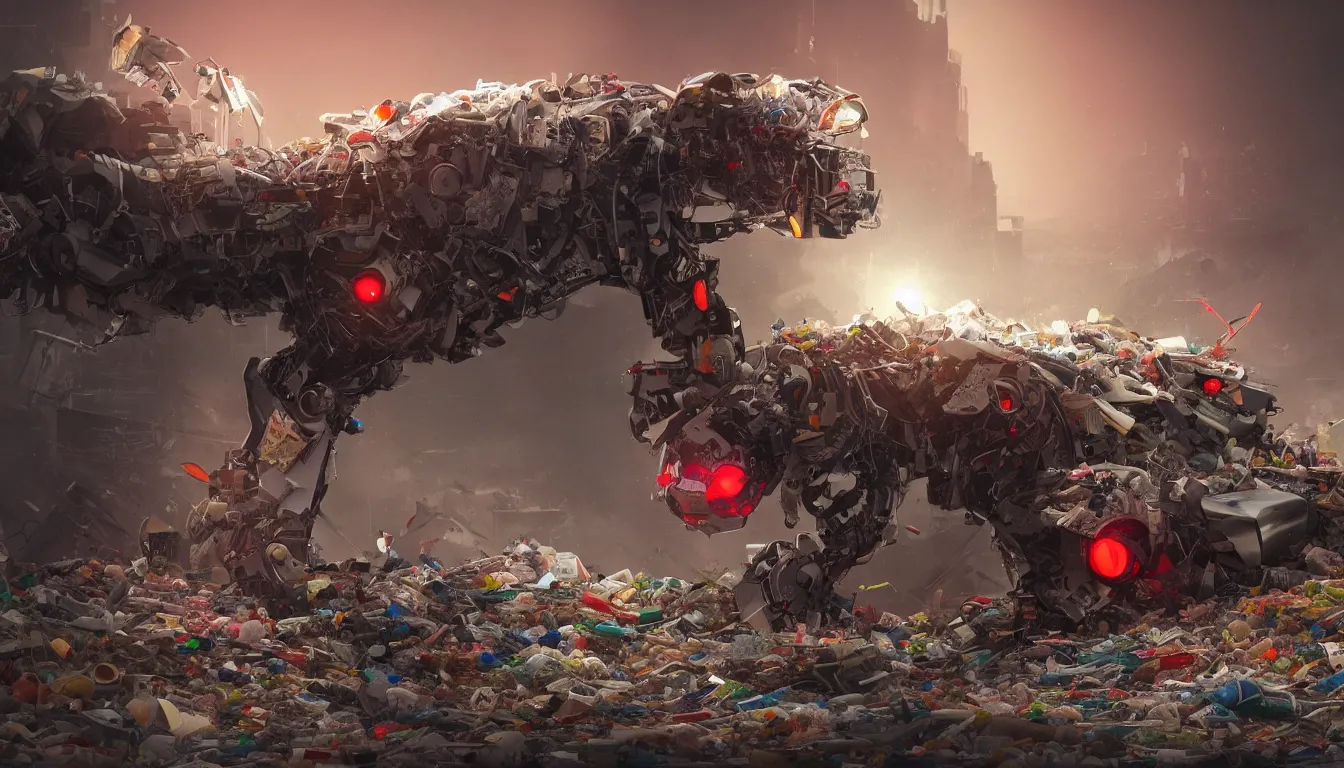 Prompt: gigantic robotic cat walks in a trash heap, red eyes, ai limbo, digital art, trending on artstation, 8k, epic composition, highly detailed,