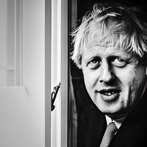 Prompt: a photo taken from the inside of an old house, showing window blinds being pulled back to reveal a terrifying boris johnson with his unhinged face pressed against the window, boris ’ hand placed on the window, horrifying grin. horror, raining, night time