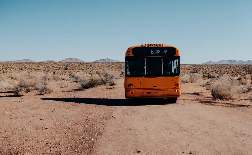 Prompt: a bus in the desert, photography