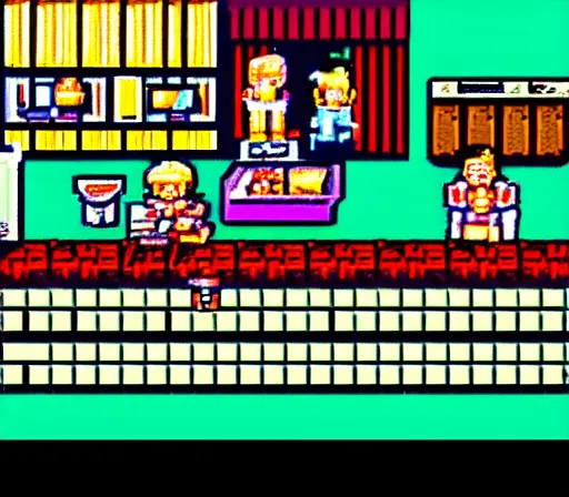 Prompt: SNES game about having dinner with your family, detailed pixel art, suspenseful, thrilling, low health, dinner inventory