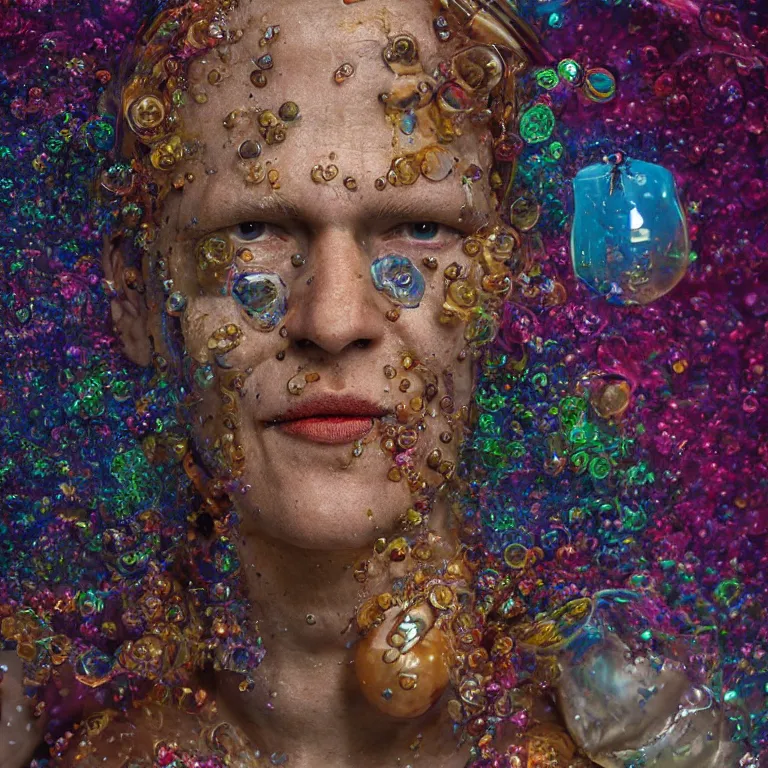 Image similar to octane render portrait by wayne barlow and carlo crivelli and glenn fabry and wes anderson, a vintage monster made out of siny reflective liquor bottles and multicolored oil puddles, cinema 4 d, ray traced lighting, very short depth of field, bokeh