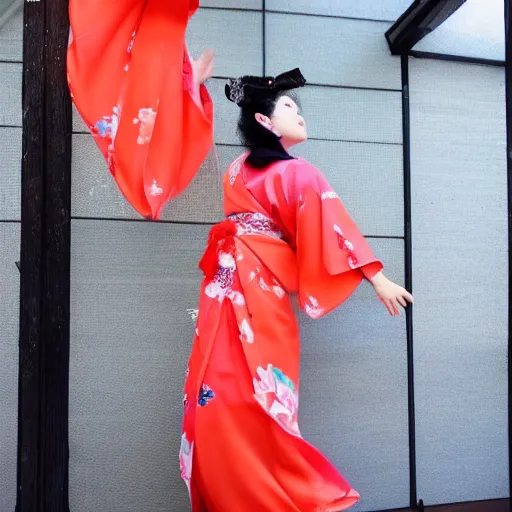 Prompt: beautiful japanese gilr standing in transparent kimono in blowing wind