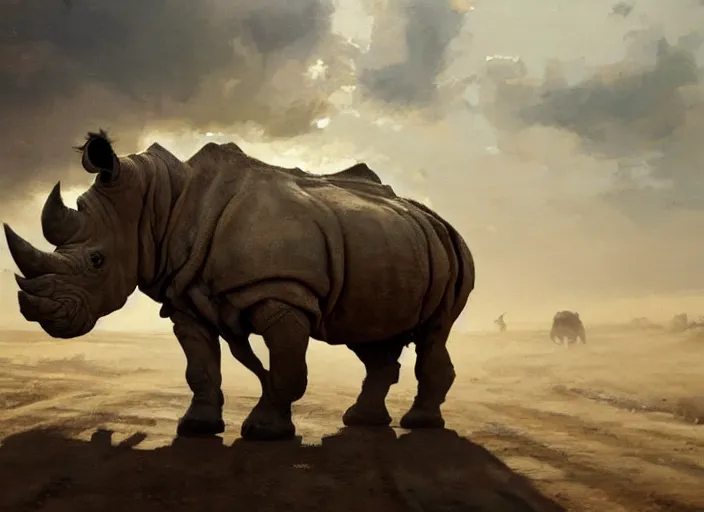 Image similar to oil painting of old rugged rhino in dusty wild west street, art by anders zorn, wonderful masterpiece by greg rutkowski, beautiful cinematic light, american romanticism by greg manchess, jessica rossier