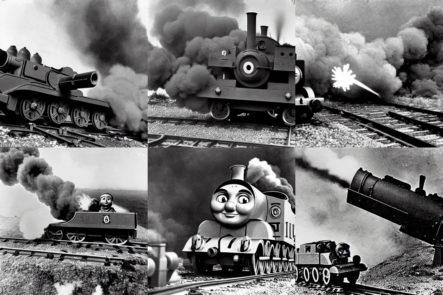 Image similar to WW2 era photograph, the face of Thomas the tank engine on a 800mm German rail artillery Schwere-Gustav firing off a shot