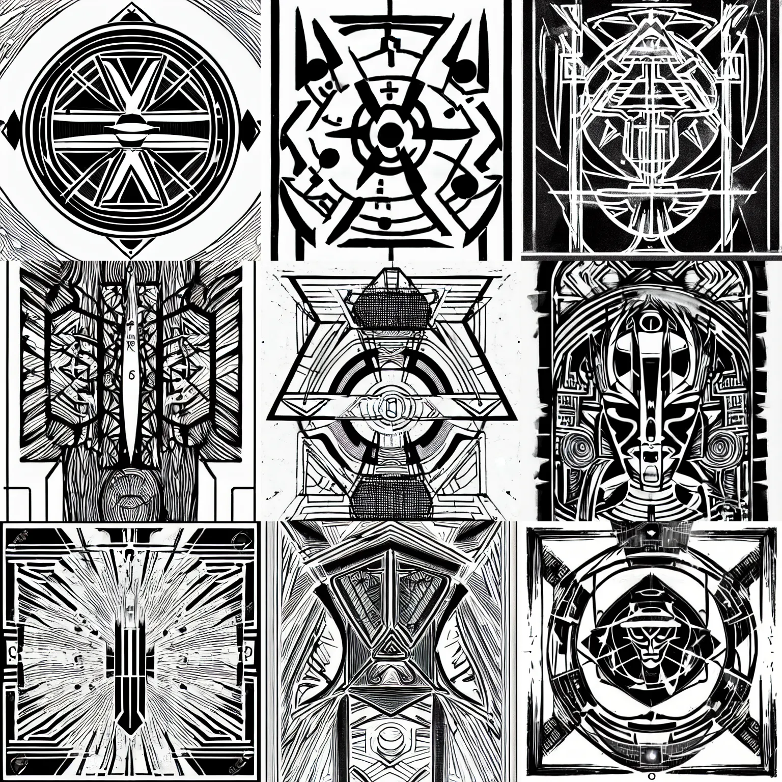 Prompt: black lineart symmetrical drawing modern style tarot digital art geometry,, expressive mark making consistent line width, Cybertron holy icon, halo for the saint of gladiators on a white background