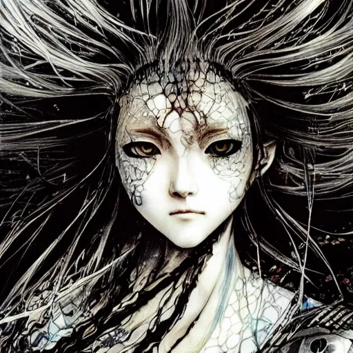 Prompt: yoshitaka amano realistic illustration of an anime girl with black eyes, wavy white hair fluttering in the wind and cracks on her face wearing elden ring armor with engraving, abstract black and white patterns on the background, noisy film grain effect, highly detailed, renaissance oil painting, weird portrait angle, three quarter view