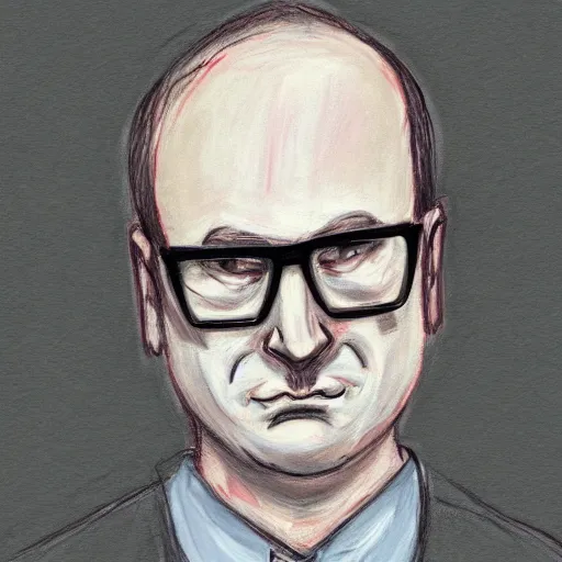 Prompt: court sketch of bob odenkirk testifying, stressed out, sweating, with short mustache and glasses, wearing prison jumpsuit