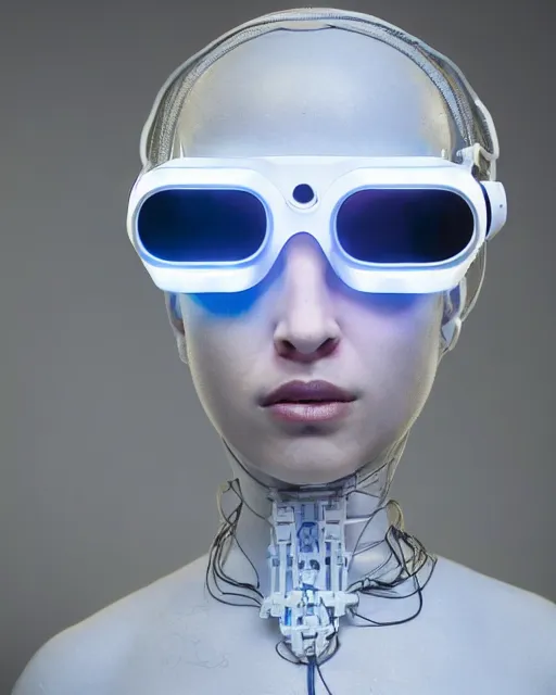 Image similar to centered portrait of soulful young shari headly as a solarpunk humanoid with robotic parts with bright led lights, futuristic goggles, real human face, pudica gesture bouguereau style, in white room, ultra - realistic and intricate, soft portrait shot 8 k