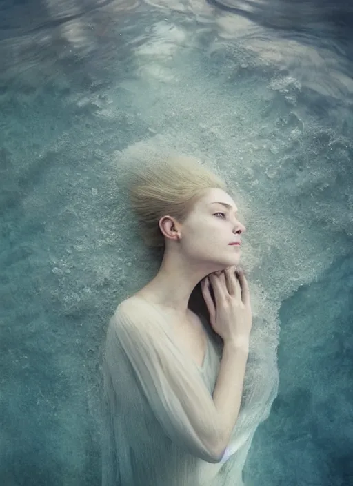 Prompt: Kodak Portra 400, 8K, soft light, volumetric lighting, highly detailed, britt marling style 3/4 by Martin Stranka , portrait photography of a beautiful woman with her eyes closed,inspired by Ophelia movie by Kenneth Branagh , the face emerges from water of Pamukkale, underwater face, anatomical real full body dressed ethereal lace dress floating in water surface , the hair are intricate with highly detailed realistic beautiful brunches and flowers like crown, Realistic, Refined, Highly Detailed, soft blur background, outdoor soft pastel lighting colors scheme, outdoor fine art photography, Hyper realistic, photo realistic
