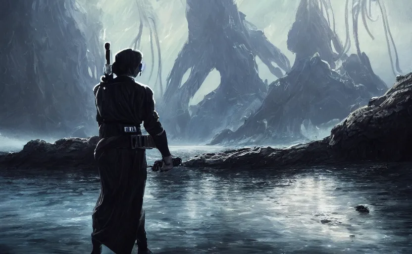 Image similar to mogan freeman with a lightsaber, cthulu in the distance, water landscape, dramatic lighting, cinematic, establishing shot, long full body shot, extremly high detail, photorealistic, cinematic lighting, post processed, concept art, artstation, matte painting, style by greg rutkowsky