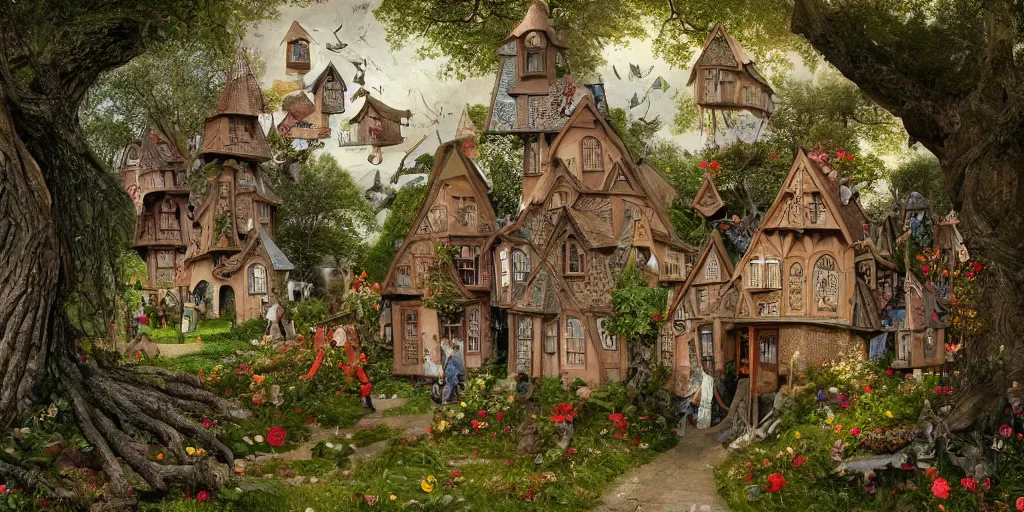 Prompt: a hiper intricate 3 d artwork of a beatifull little houses in the big tree made from big leaves and flowers, intricate, highly detailed, digital painting, artstation, concept art, extremely detailed, sharp focus, octane render wide view, smooth, digital illustration, colorfull, by wlop, by hieronimus bosch, in style of mark ryden